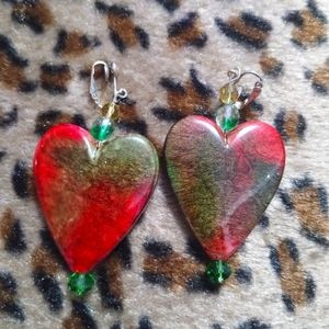 Red and Green Heart Dangle Clip On Beaded Earrings Valentine's Day‎